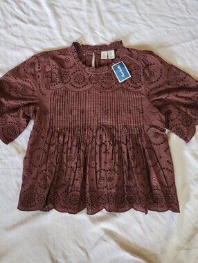 Joie Eyelet Crop Top Brown Puff Sleeve Small Boho NWT